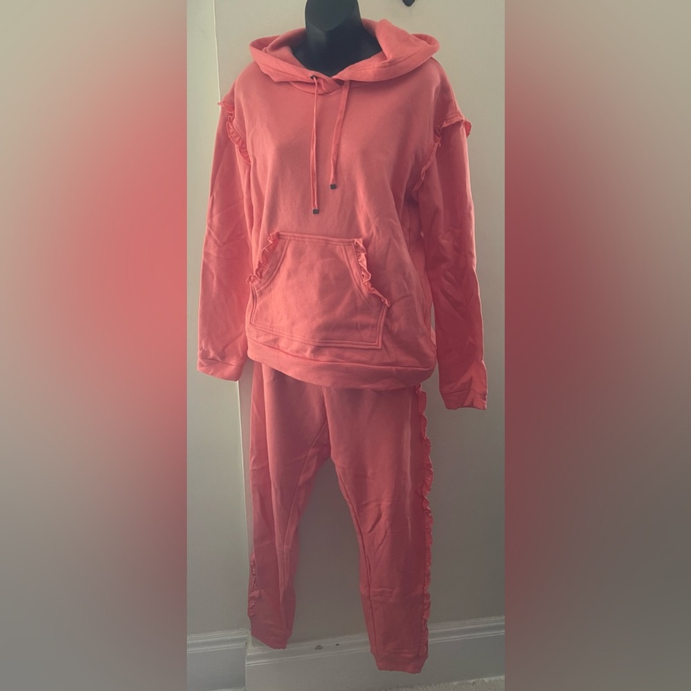 Make + Model Coral Ruffle Hoodie & Sweatpants Set Size Medium